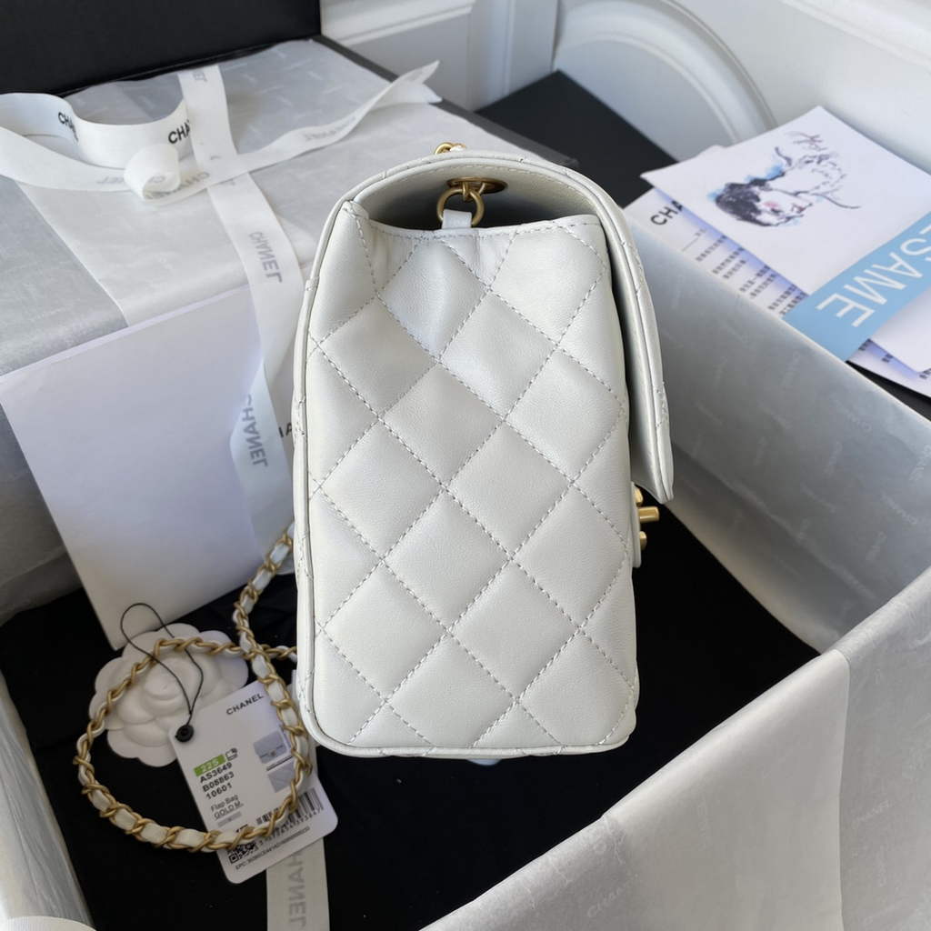 Chanel AS3649 Small Flap Bag Lambskin Gold-Tone Metal White