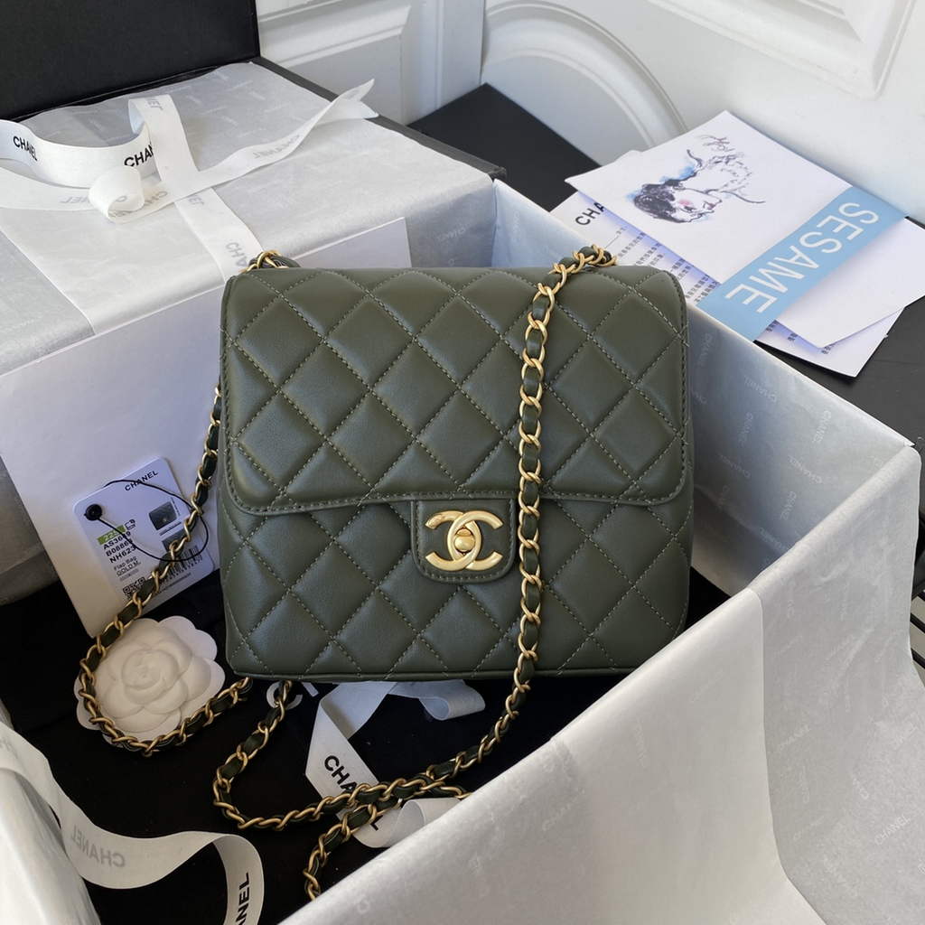 Chanel AS3649 Small Flap Bag Lambskin Gold-Tone Metal Green