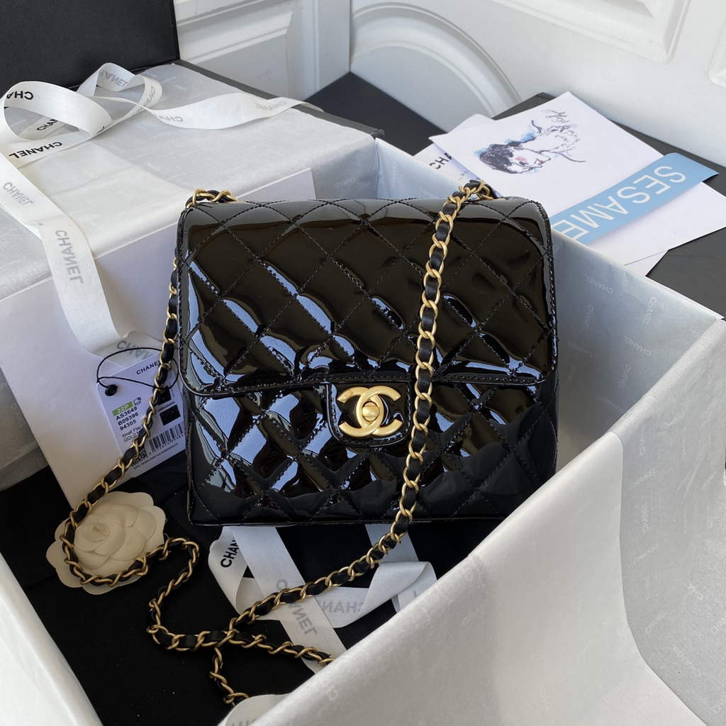 Chanel AS3649 Small Flap Bag Patent Calfskin Gold-Tone Metal Black
