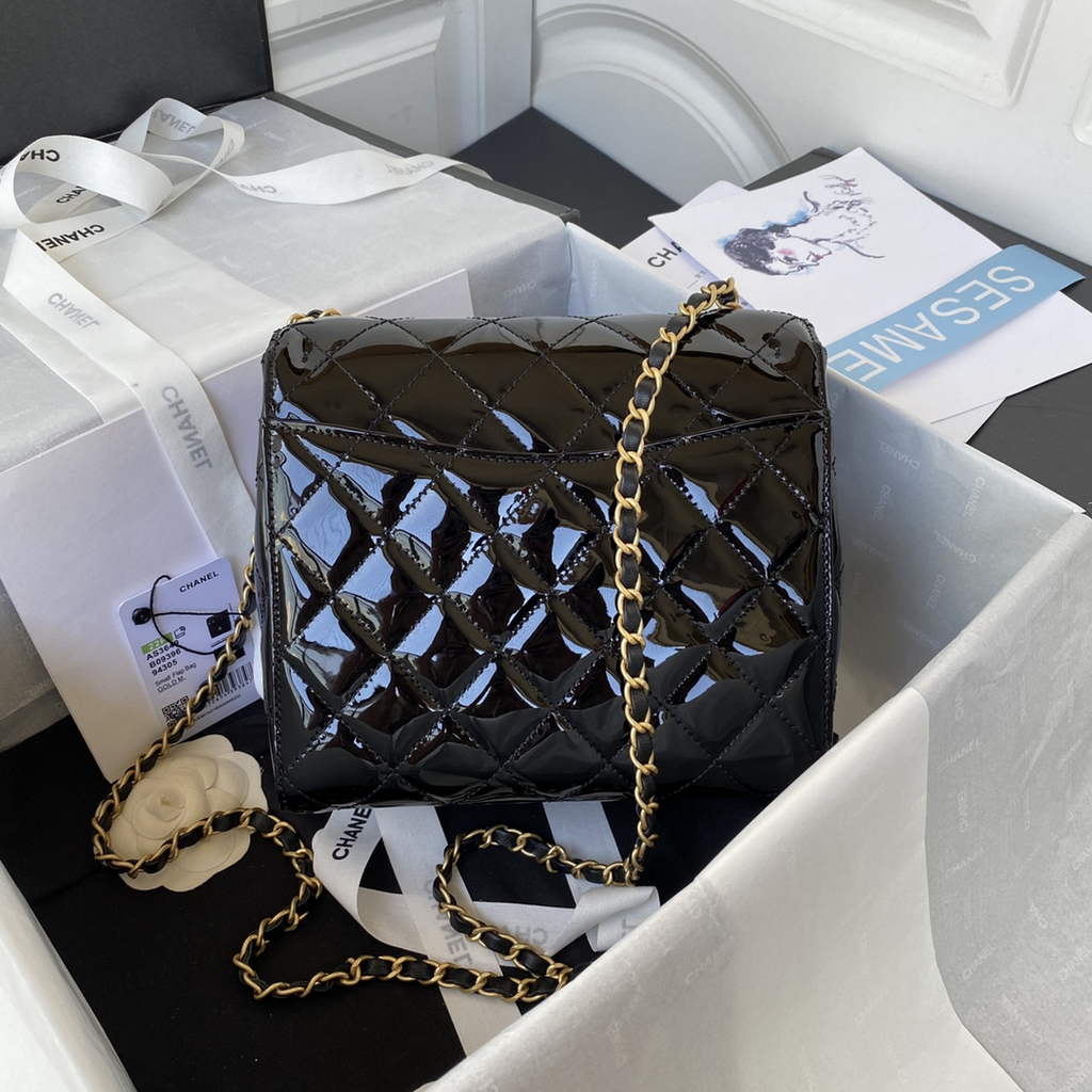 Chanel AS3649 Small Flap Bag Patent Calfskin Gold-Tone Metal Black