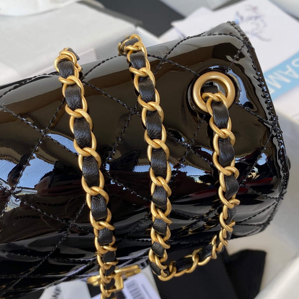 Chanel AS3649 Small Flap Bag Patent Calfskin Gold-Tone Metal Black