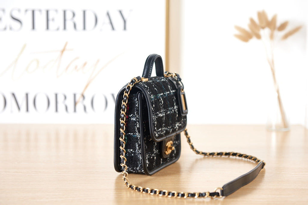 Chanel AS3652 Small Flap Bag with Top Handle Wool Tweed Black