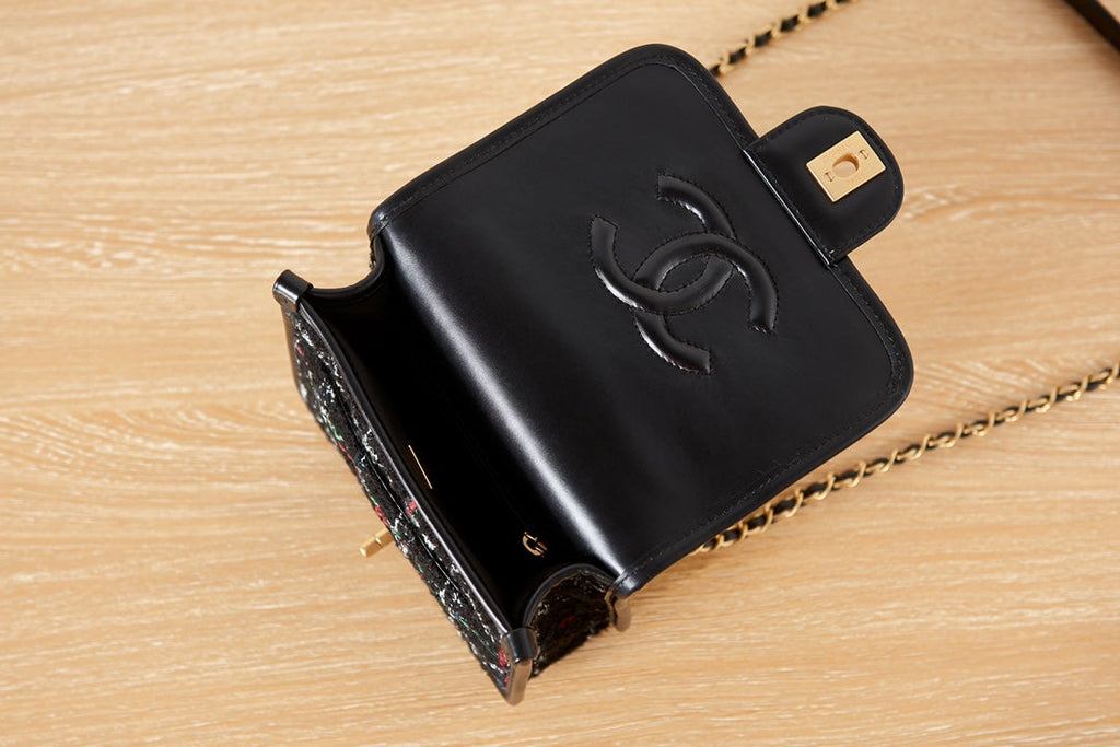 Chanel AS3652 Small Flap Bag with Top Handle Wool Tweed Black