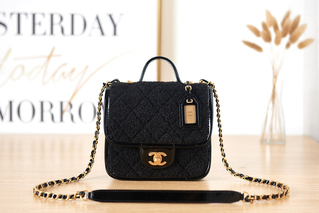 Chanel AS3652 Small Flap Bag with Top Handle Black Wool Tweed