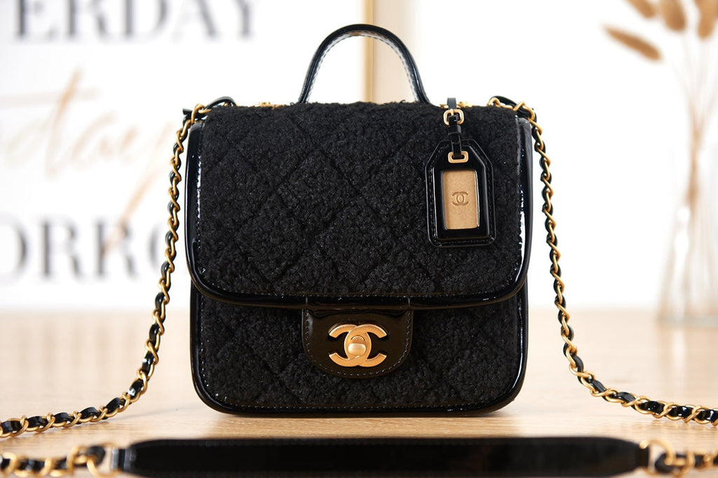Chanel AS3652 Small Flap Bag with Top Handle Black Wool Tweed