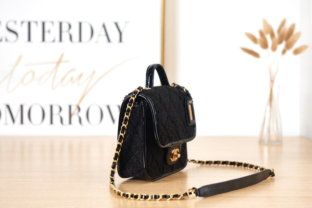 Chanel AS3652 Small Flap Bag with Top Handle Black Wool Tweed
