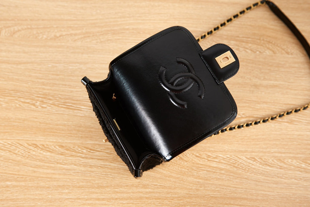 Chanel AS3652 Small Flap Bag with Top Handle Black Wool Tweed