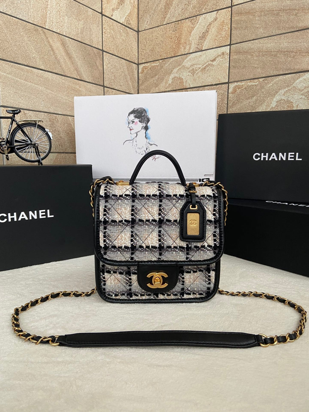 Chanel AS3652 Small Flap Bag with Top Handle white Wool Tweed