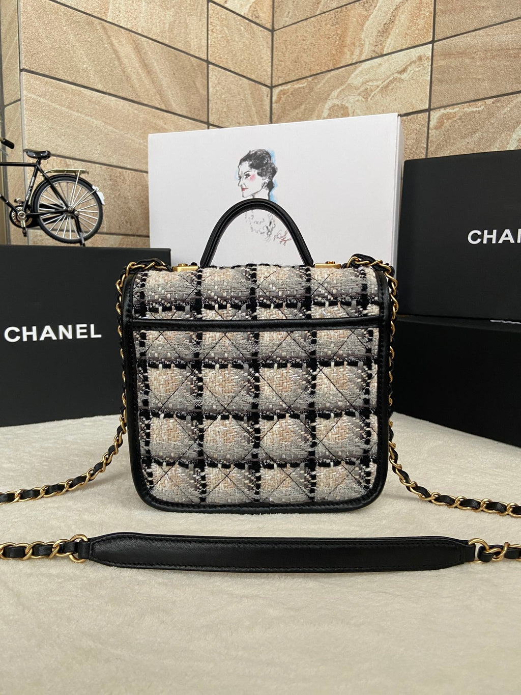 Chanel AS3652 Small Flap Bag with Top Handle white Wool Tweed