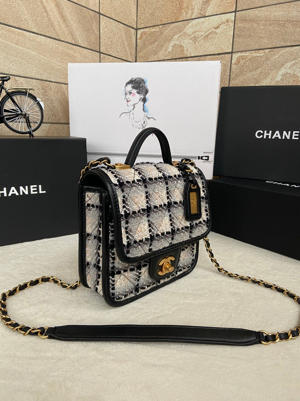Chanel AS3652 Small Flap Bag with Top Handle white Wool Tweed