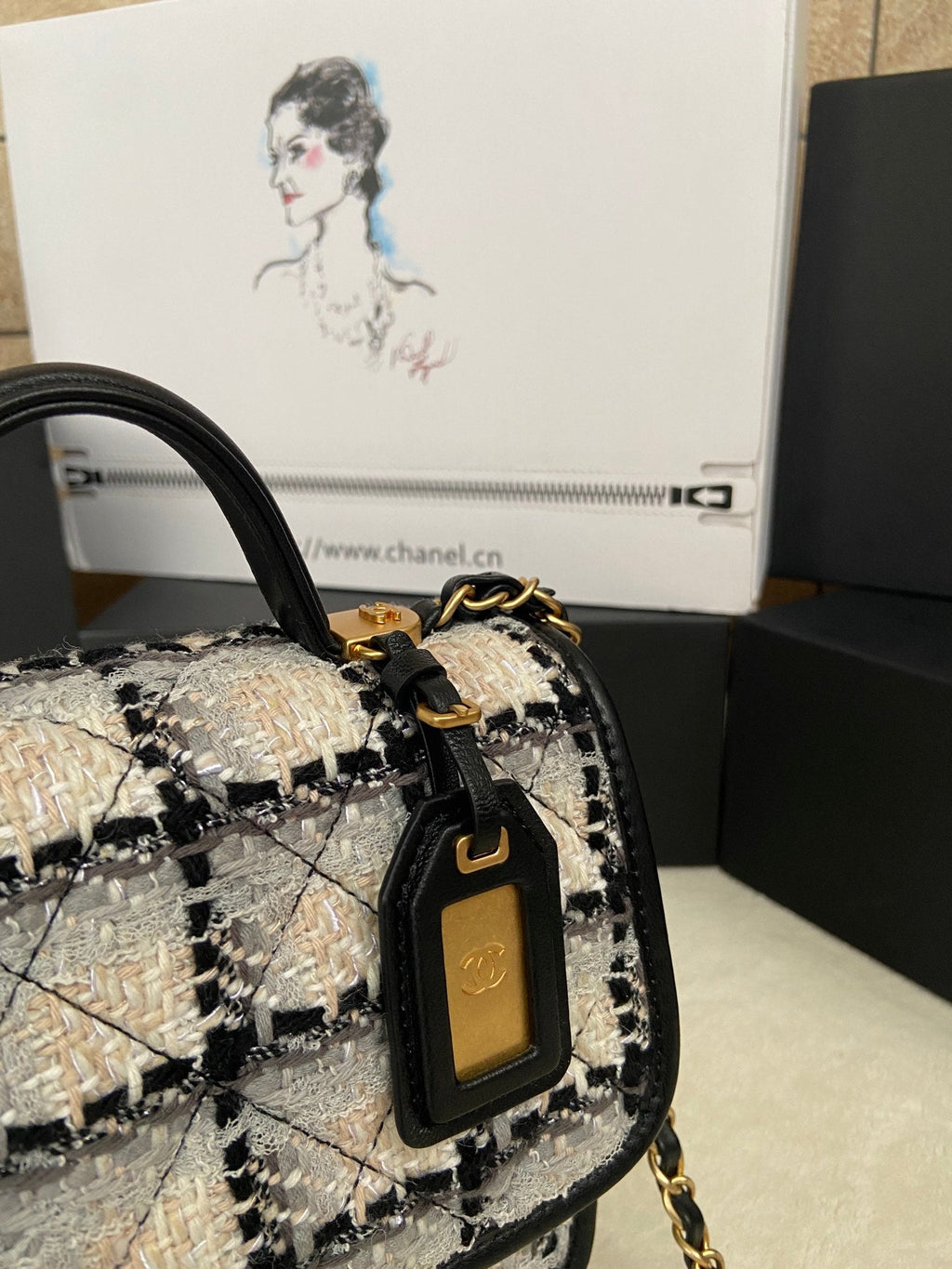 Chanel AS3652 Small Flap Bag with Top Handle white Wool Tweed