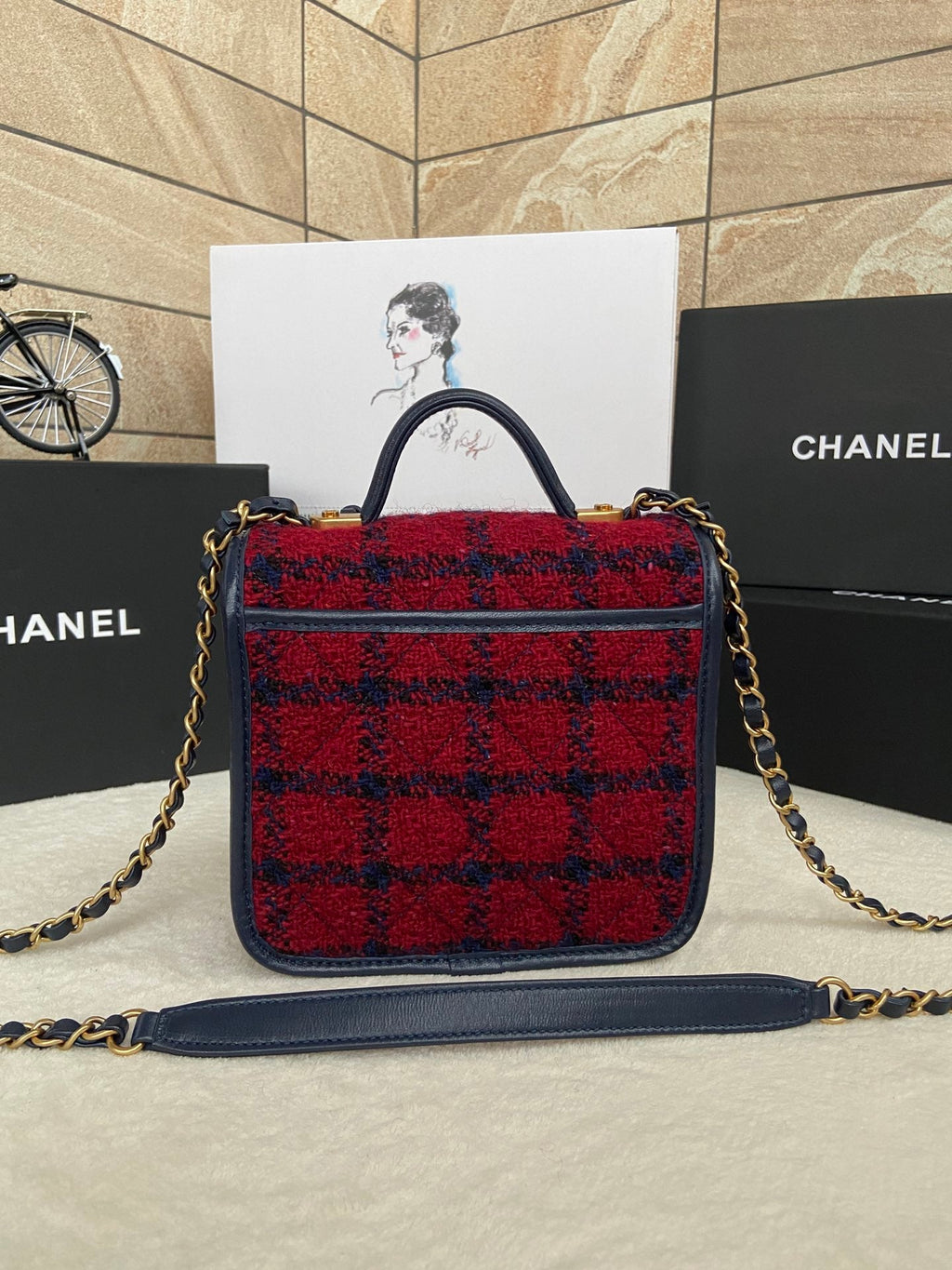 Chanel AS3652 Small Flap Bag with Top Handle Red Wool Tweed