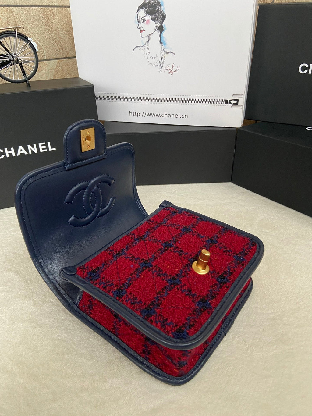 Chanel AS3652 Small Flap Bag with Top Handle Red Wool Tweed