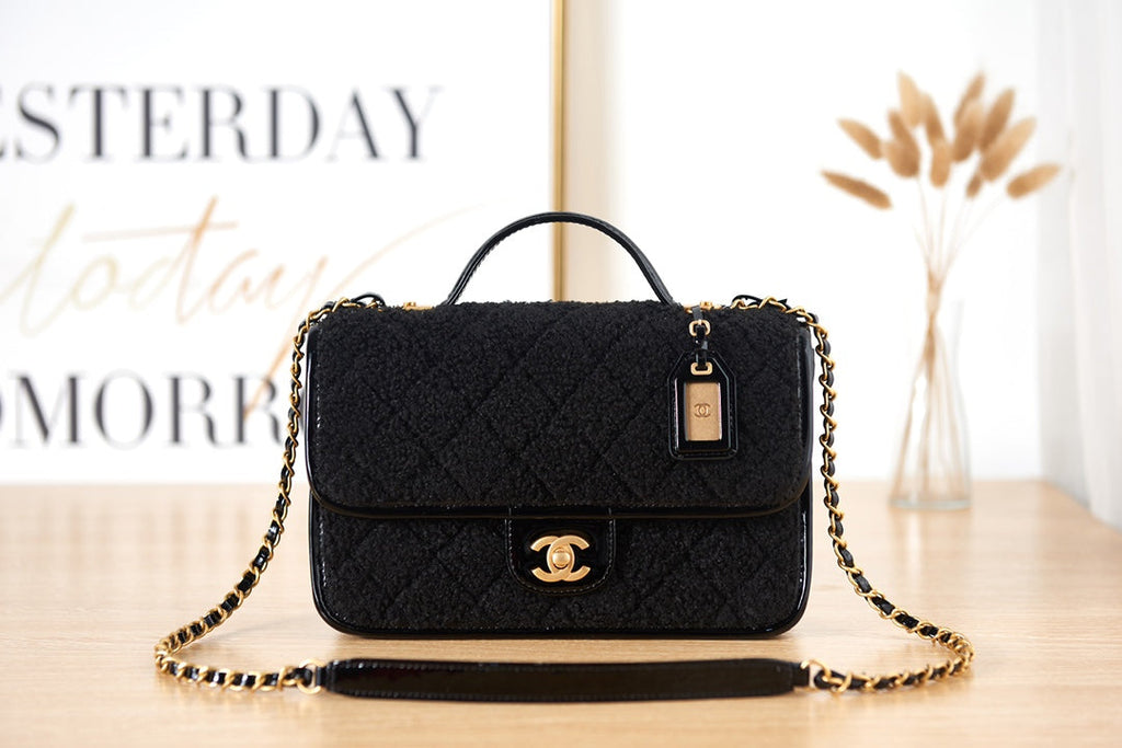 Chanel AS3653 Small Flap Bag with Top Handle Black Wool Tweed