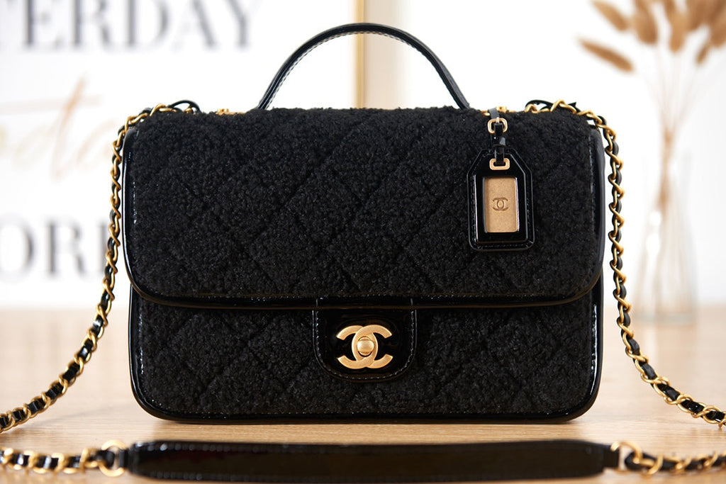 Chanel AS3653 Small Flap Bag with Top Handle Black Wool Tweed