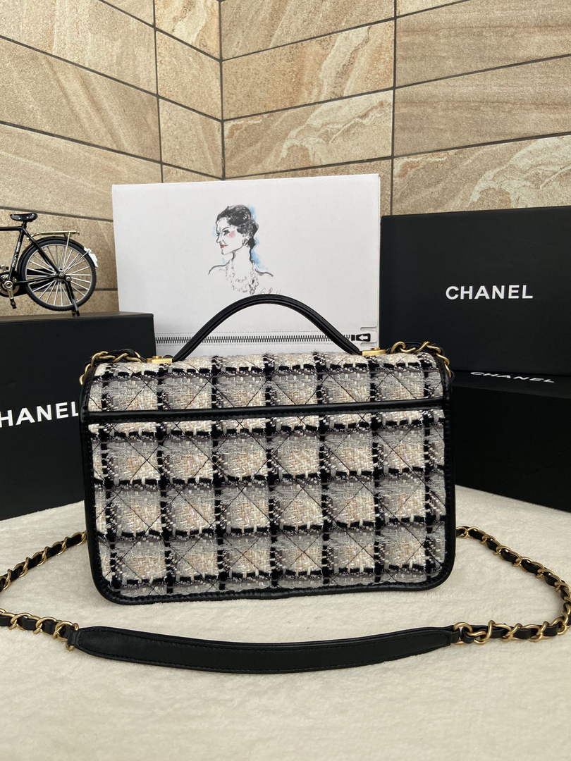 Chanel AS3653 Small Flap Bag with Top Handle White Wool Tweed
