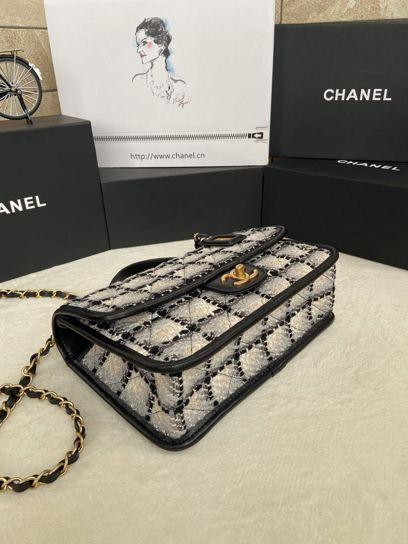 Chanel AS3653 Small Flap Bag with Top Handle White Wool Tweed
