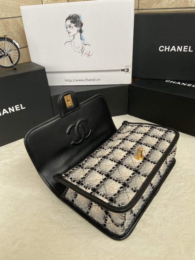 Chanel AS3653 Small Flap Bag with Top Handle White Wool Tweed