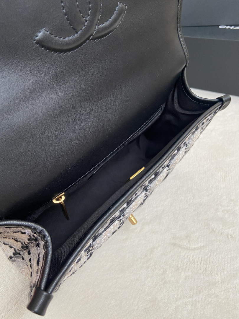 Chanel AS3653 Small Flap Bag with Top Handle White Wool Tweed