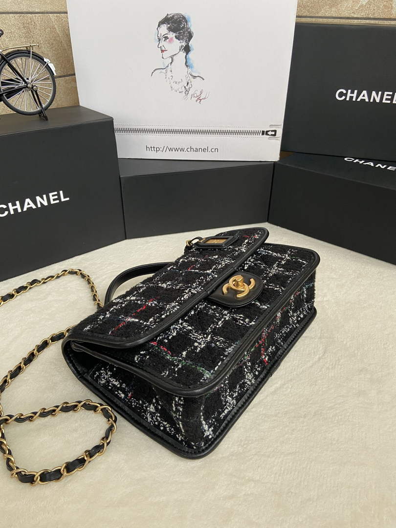 Chanel AS3653 Small Flap Bag with Top Handle Wool Tweed Black