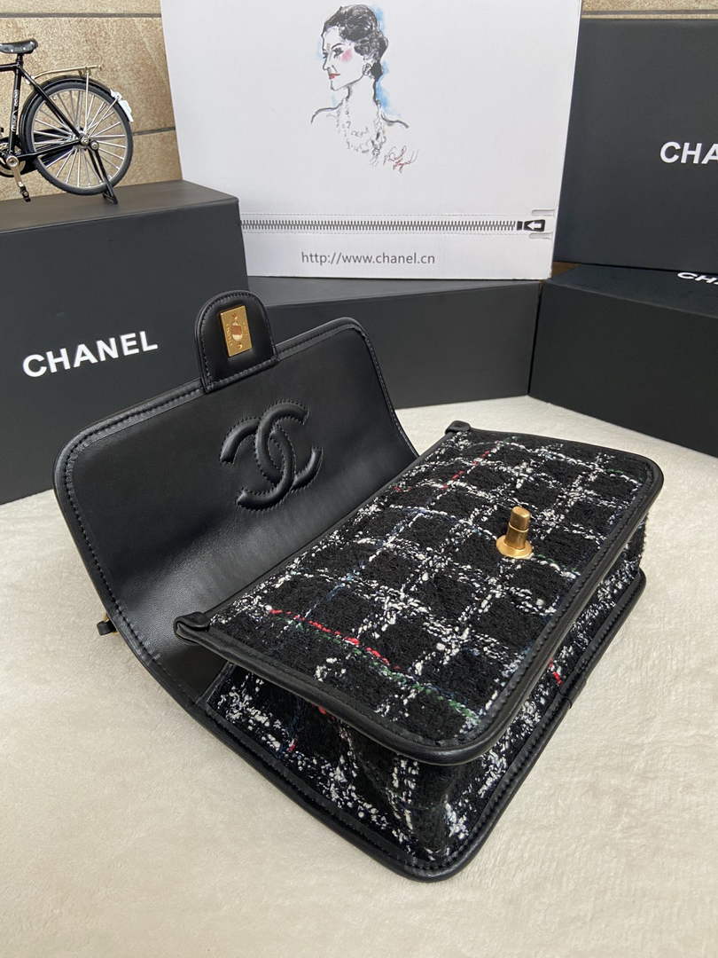 Chanel AS3653 Small Flap Bag with Top Handle Wool Tweed Black