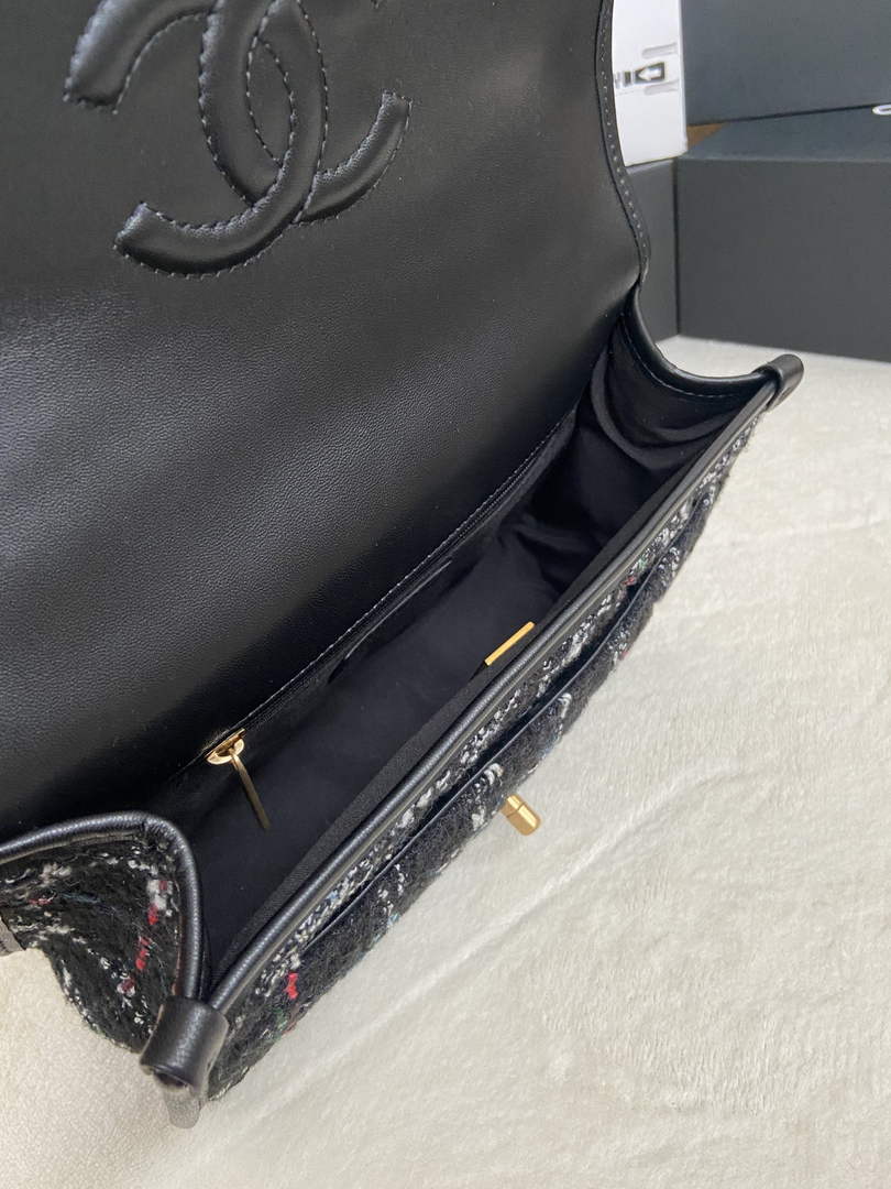 Chanel AS3653 Small Flap Bag with Top Handle Wool Tweed Black