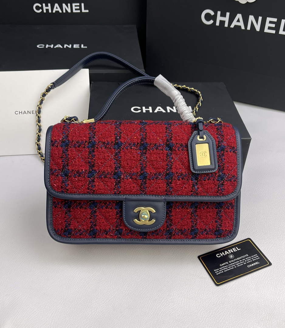 Chanel AS3653 Small Flap Bag with Top Handle Red Wool Tweed