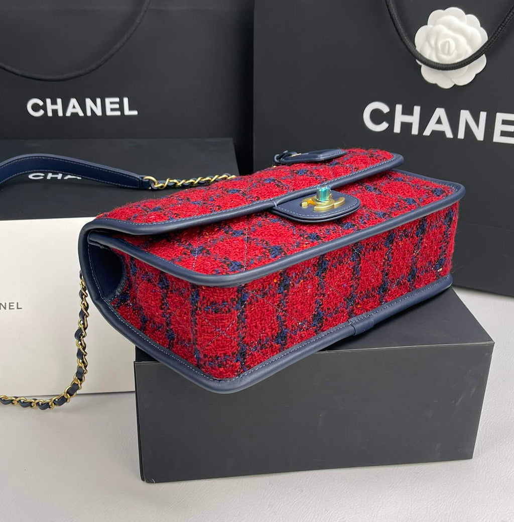 Chanel AS3653 Small Flap Bag with Top Handle Red Wool Tweed