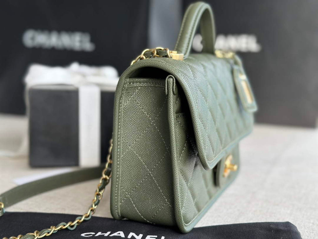 Chanel AS3653 Small Flap Bag with Top Handle Calfskin Green