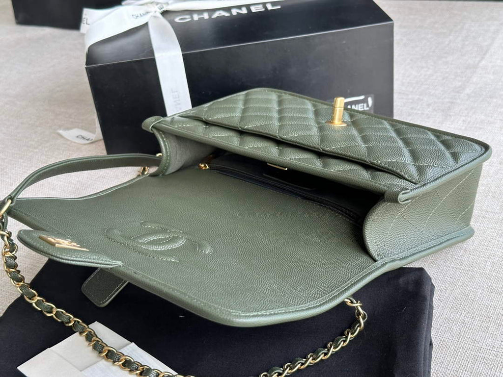 Chanel AS3653 Small Flap Bag with Top Handle Calfskin Green