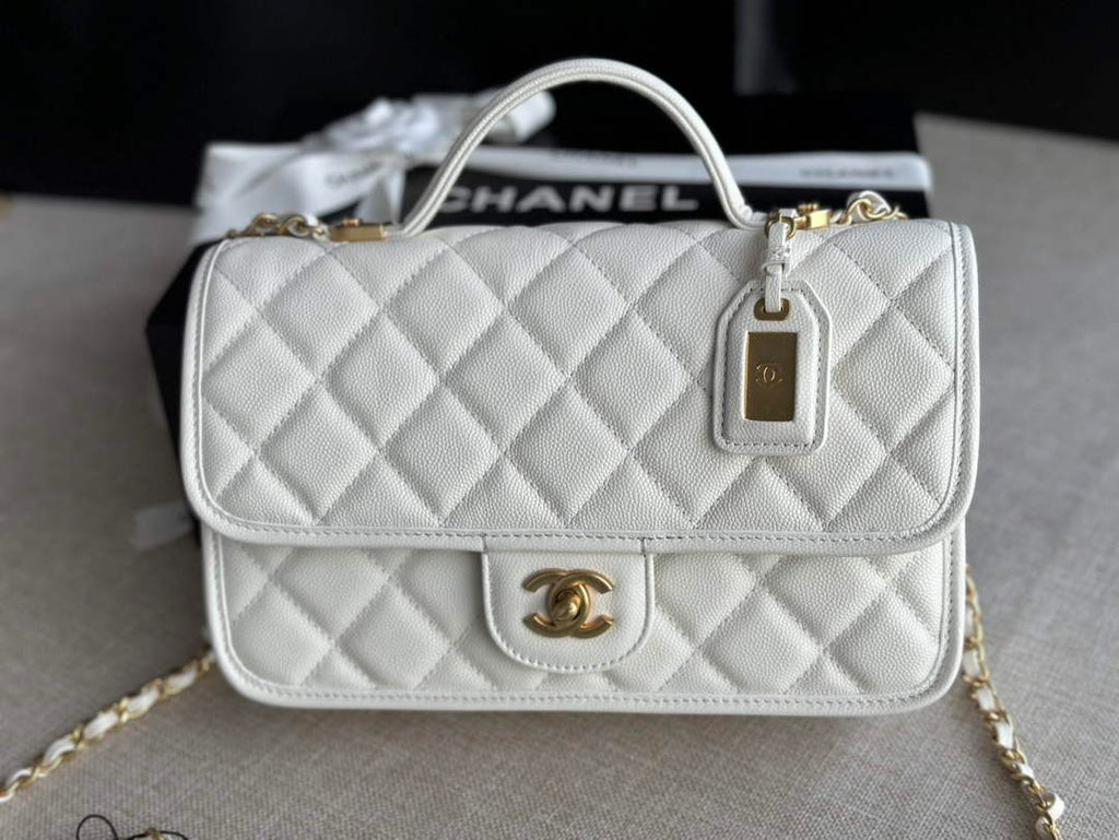 Chanel AS3653 Small Flap Bag with Top Handle Calfskin White