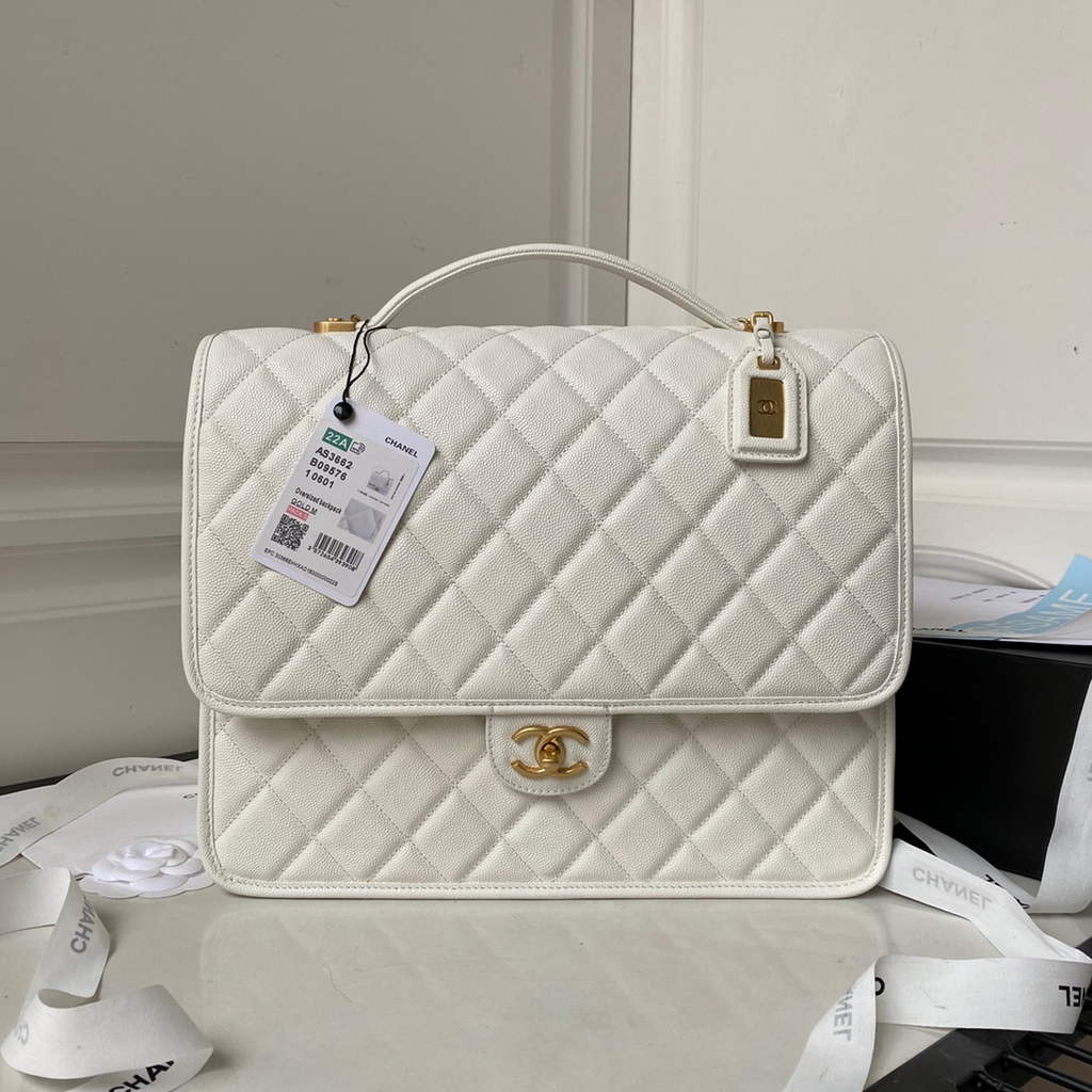 Chanel AS3662 Large Backpack Grained Calfskin gold-tone metal White