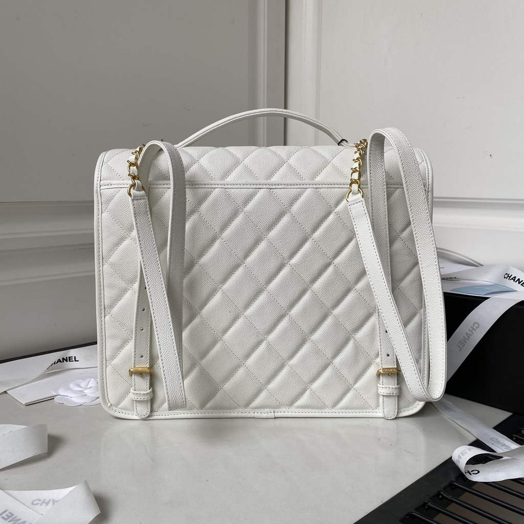 Chanel AS3662 Large Backpack Grained Calfskin gold-tone metal White