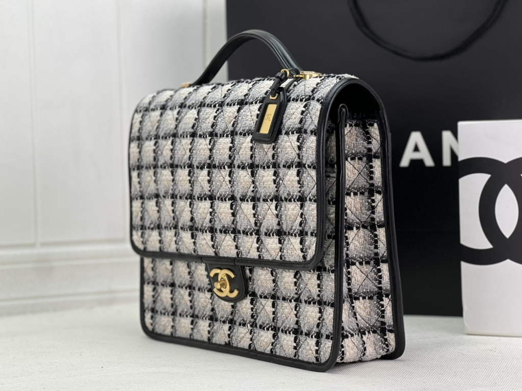Chanel AS3662 Large Backpack Wool Tweed gold-tone metal White