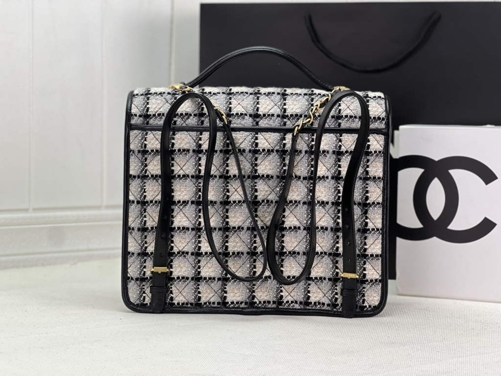 Chanel AS3662 Large Backpack Wool Tweed gold-tone metal White