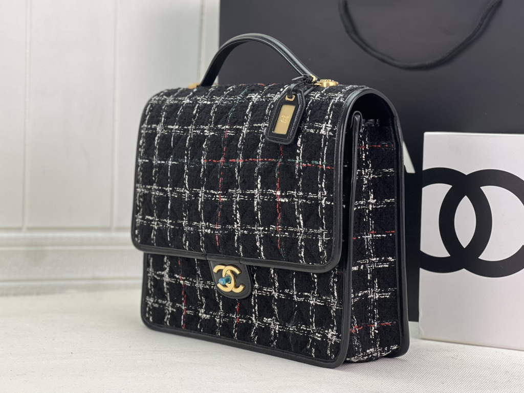 Chanel AS3662 Large Backpack Wool Tweed gold-tone metal Black