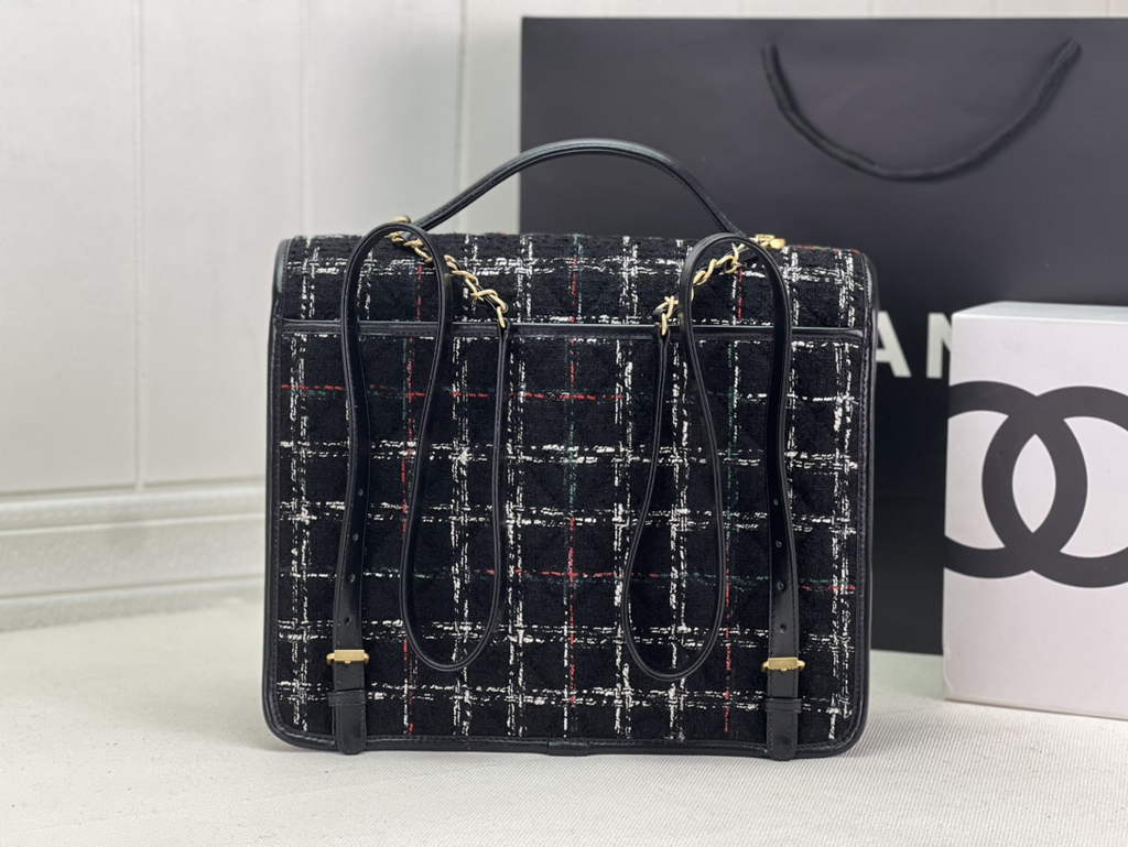 Chanel AS3662 Large Backpack Wool Tweed gold-tone metal Black
