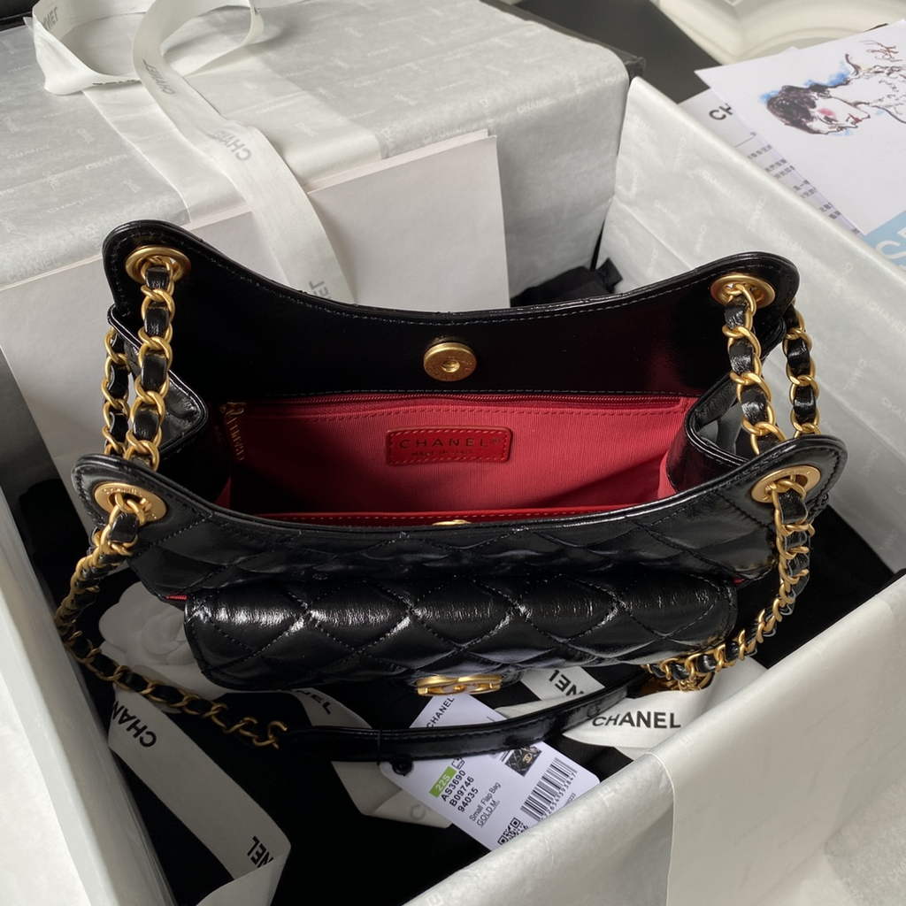 Chanel AS3690 Hobo Bag Shiny crumpled calfskin Black gold