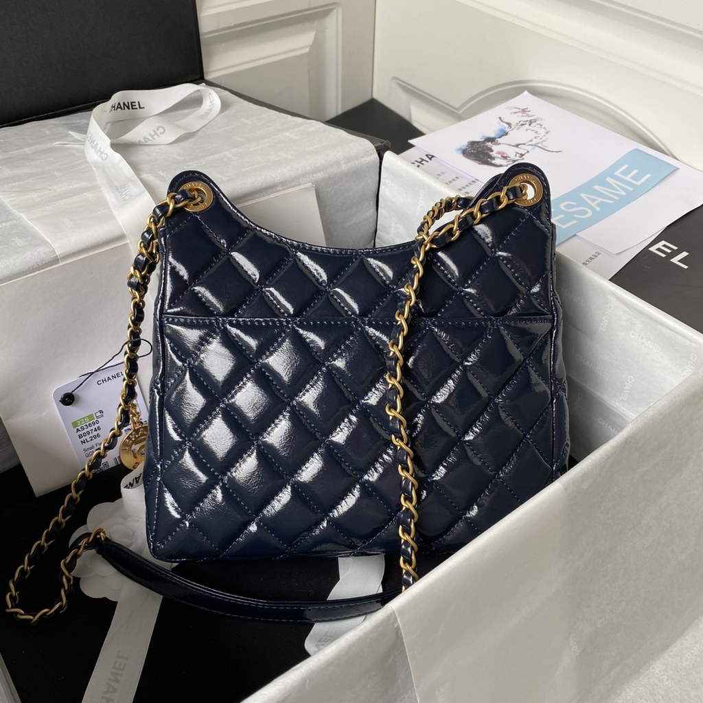 Chanel AS3690 Hobo Bag Shiny crumpled calfskin Navy Blue gold
