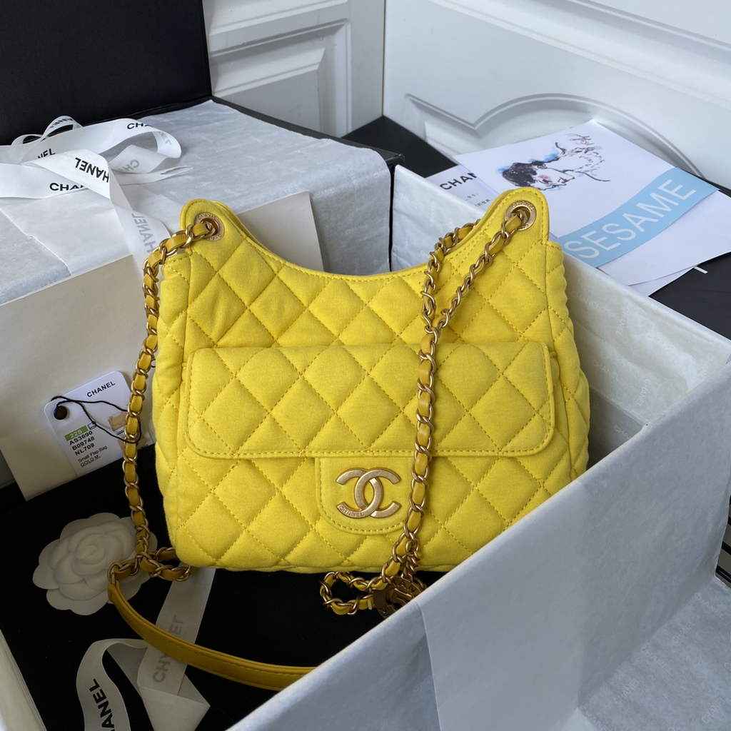 Chanel AS3690 Hobo Bag Wool Jersey Yellow gold