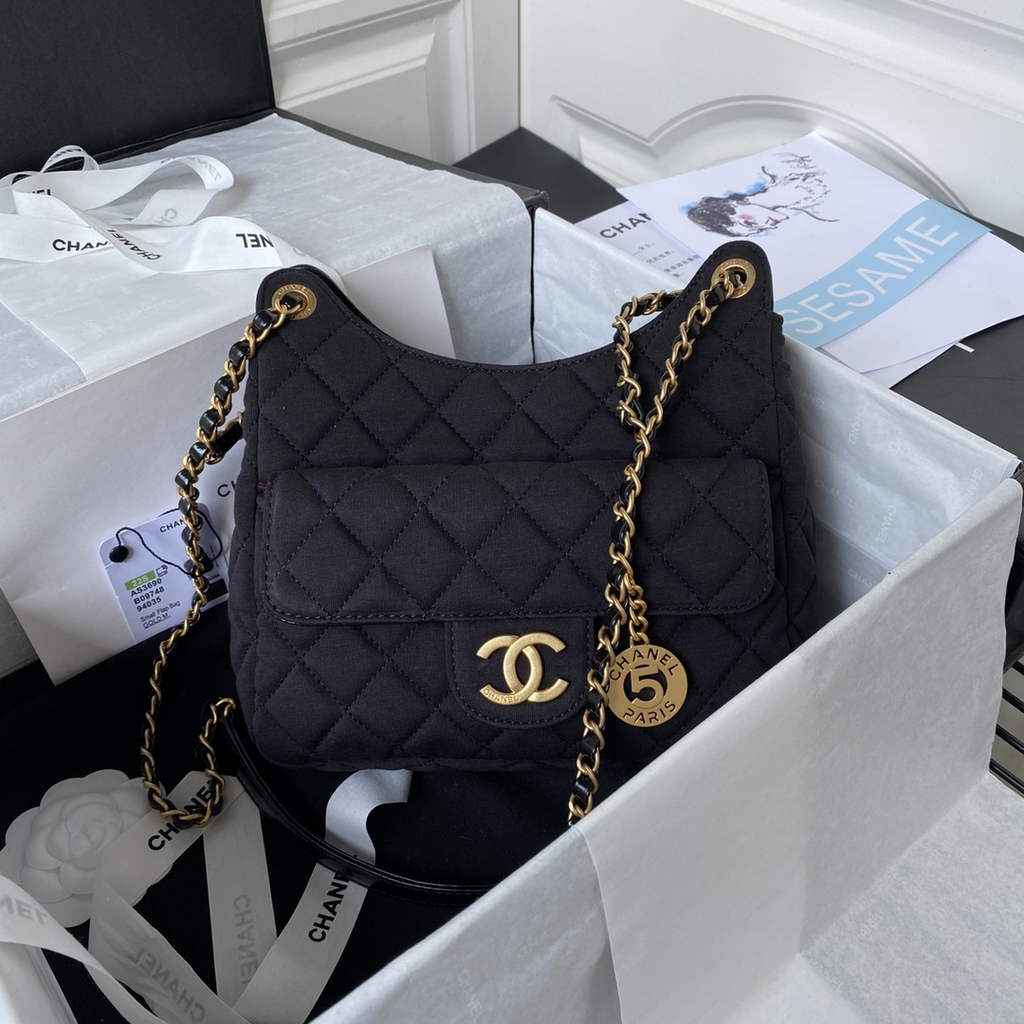 Chanel AS3690 Hobo Bag Wool Jersey Black gold