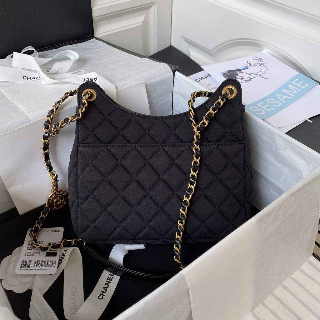 Chanel AS3690 Hobo Bag Wool Jersey Black gold