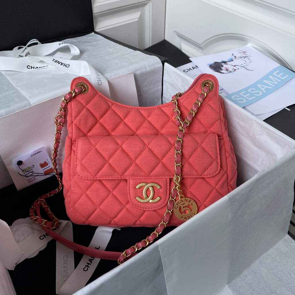 Chanel AS3690 Hobo Bag Wool Jersey Pink gold