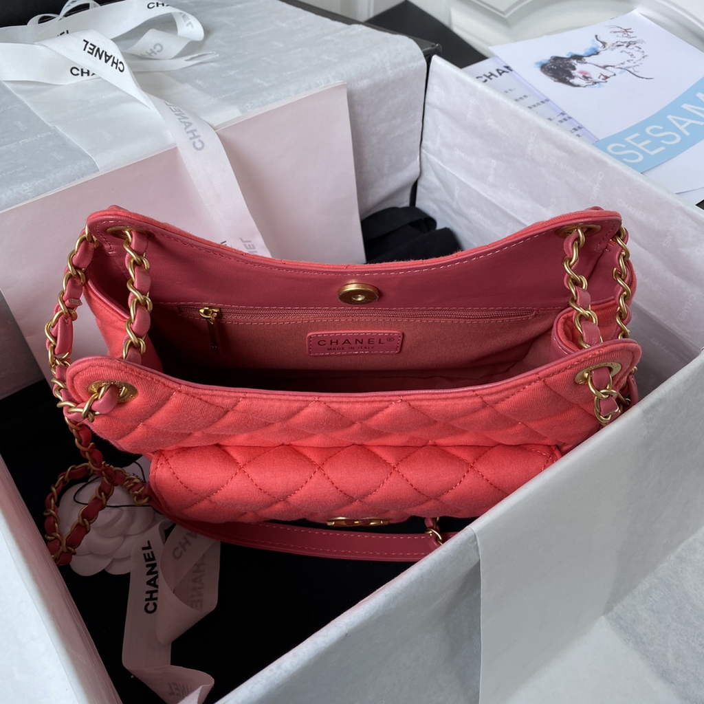 Chanel AS3690 Hobo Bag Wool Jersey Pink gold