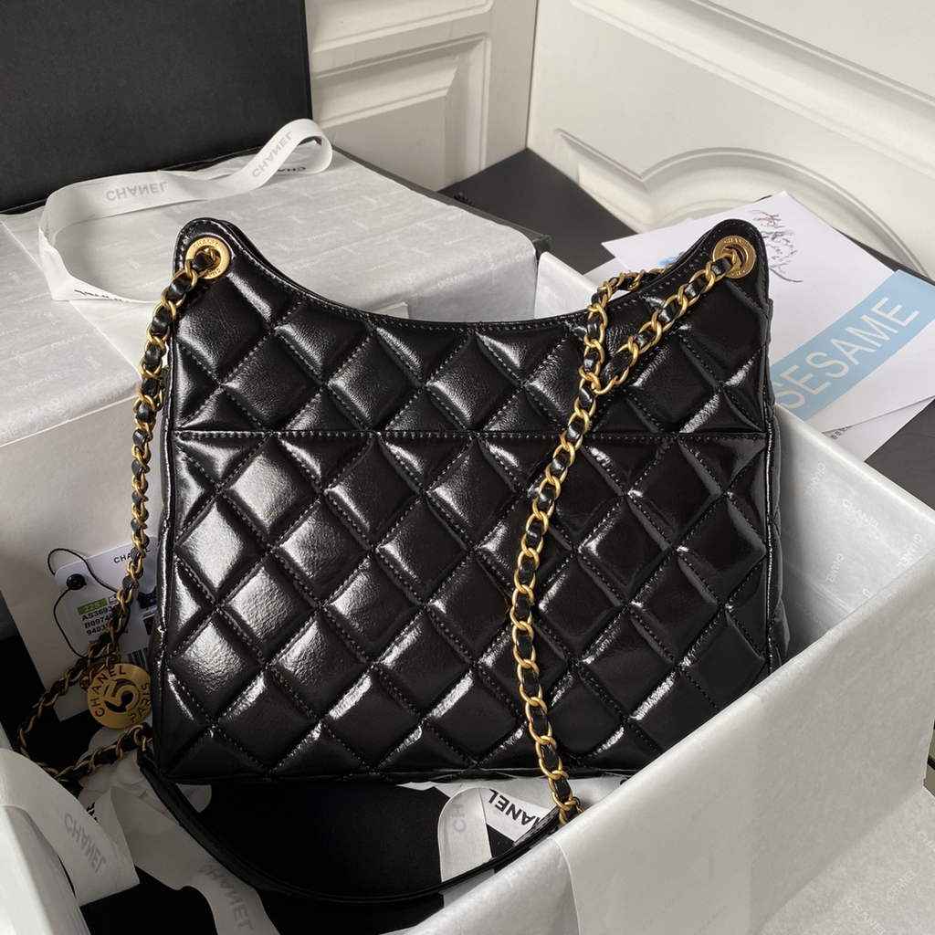 Chanel AS3693 Large Hobo Bag Shiny crumpled calfskin Black gold