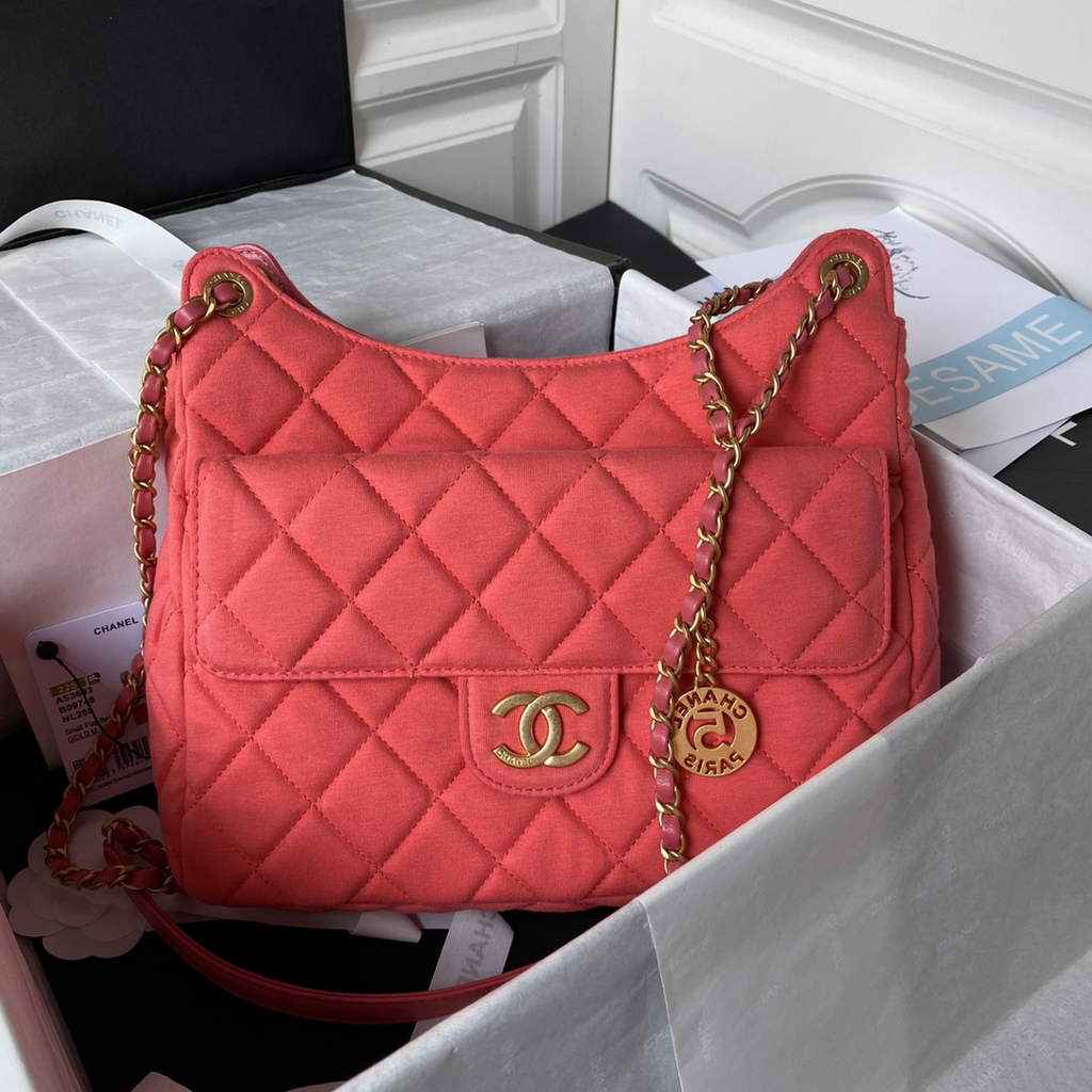 Chanel AS3693 Large Hobo Bag Wool Jersey Pink gold
