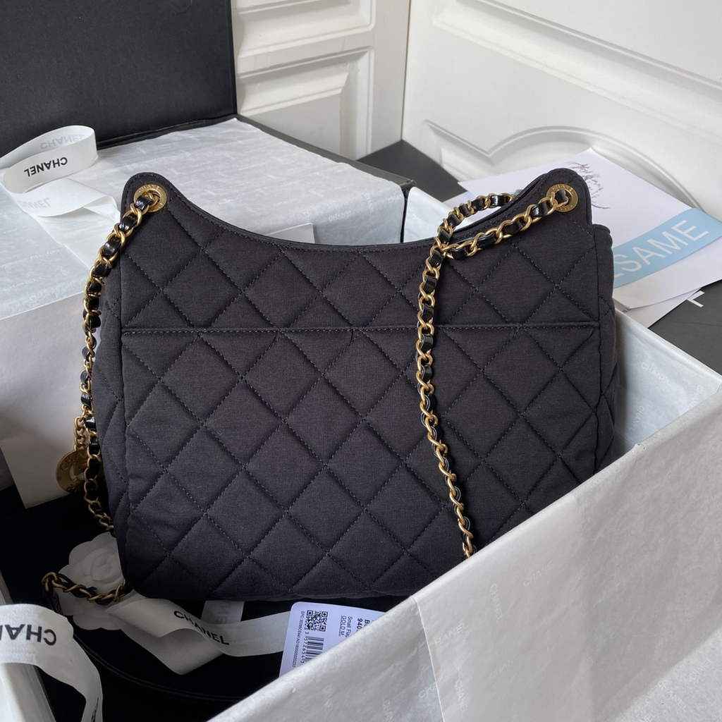 Chanel AS3693 Large Hobo Bag Wool Jersey Black gold
