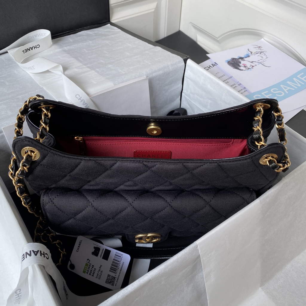 Chanel AS3693 Large Hobo Bag Wool Jersey Black gold