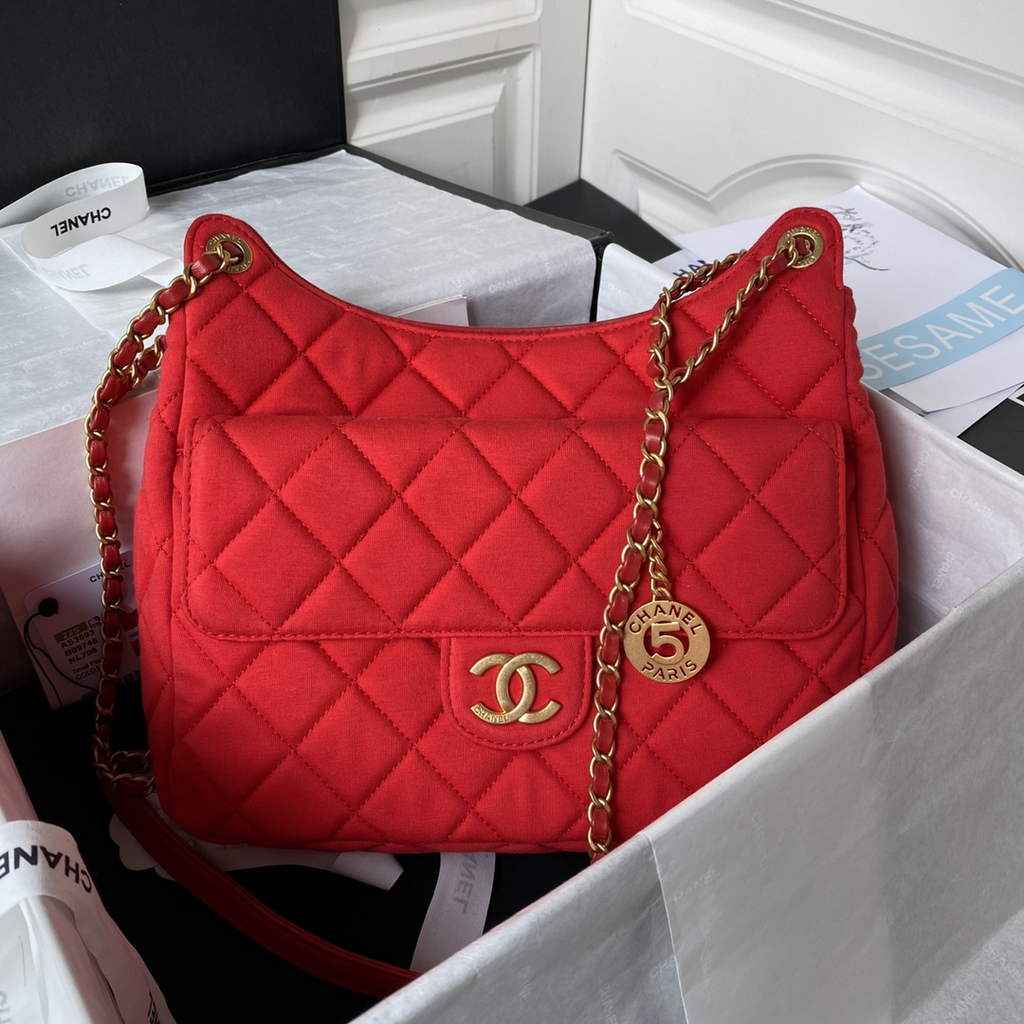 Chanel AS3693 Large Hobo Bag Wool Jersey Red gold