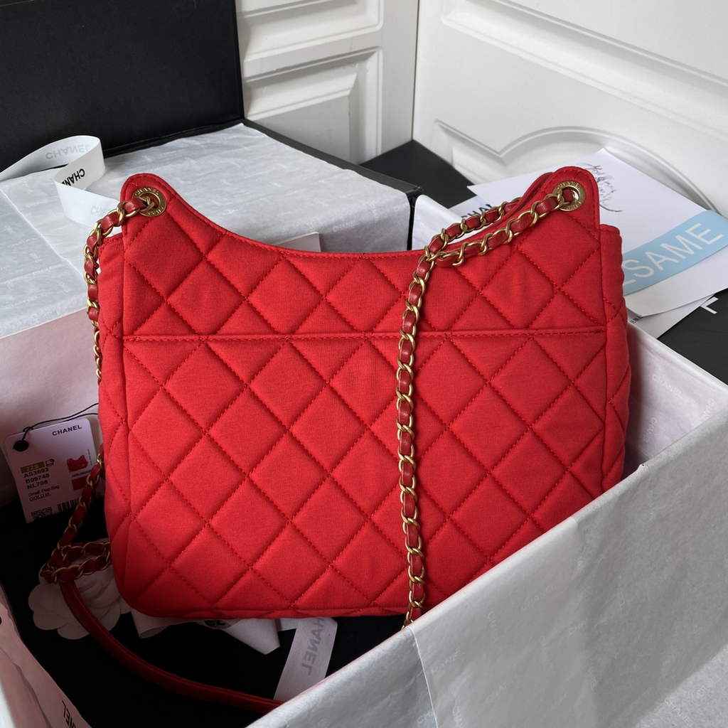 Chanel AS3693 Large Hobo Bag Wool Jersey Red gold